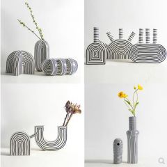 現代極簡約黑白條紋幾何陶瓷異形插花器花瓶擺件樣板間客廳裝飾品